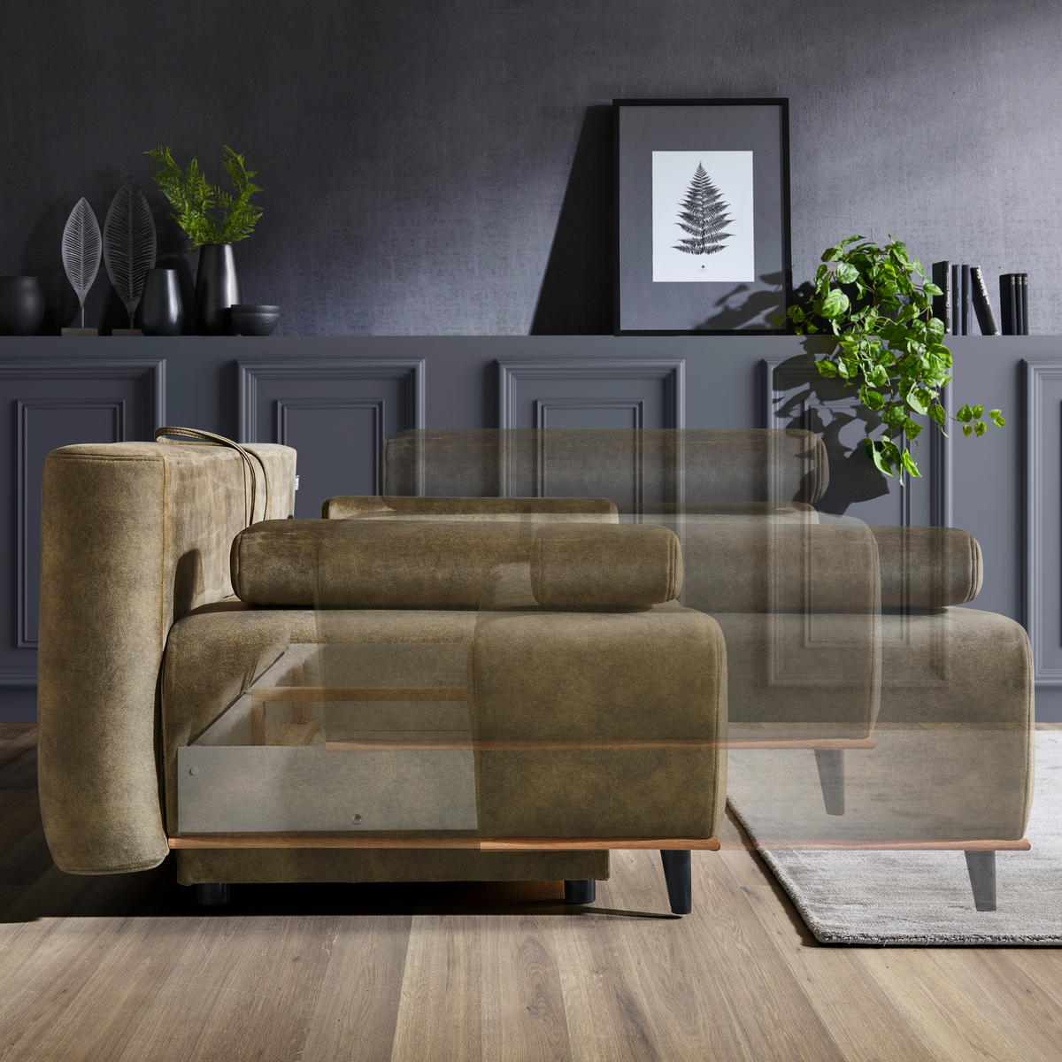 SCHLAFSOFA Webstoff Olivgrün  - Schwarz/Olivgrün, Design, Holz/Textil (206/77-87/102cm) - Novel