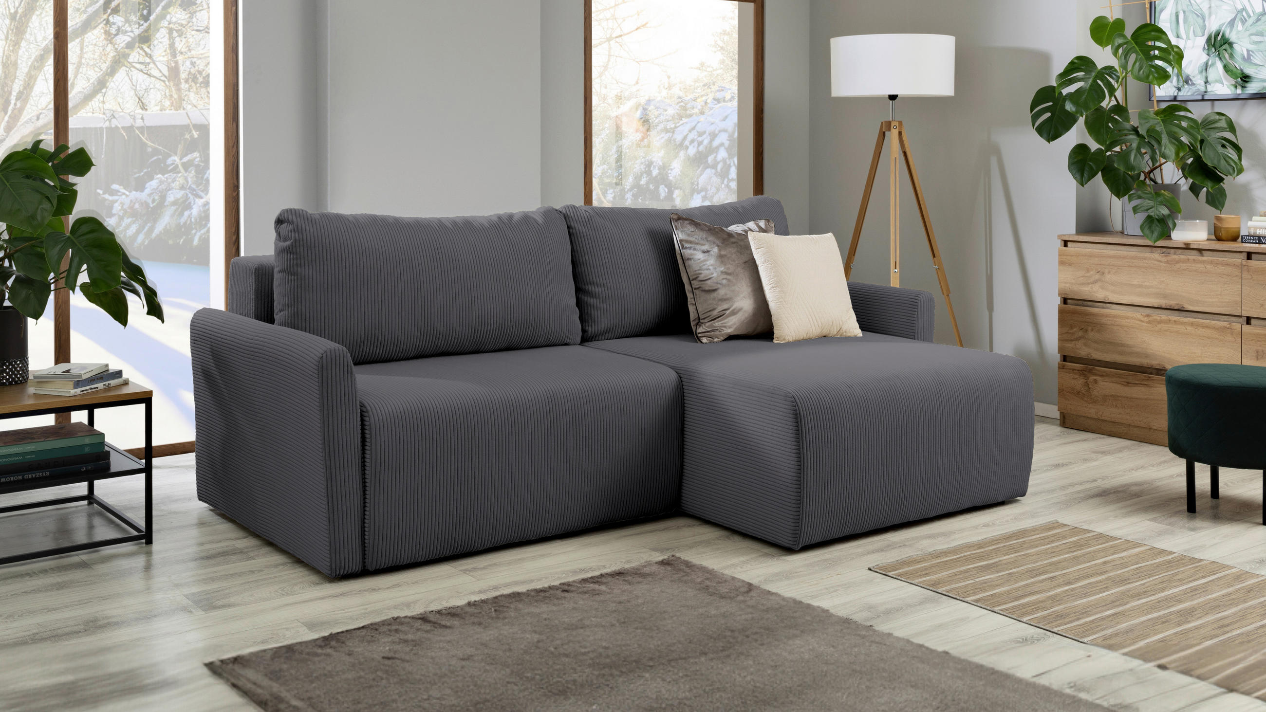 ECKSOFA Grau Cord  - Schwarz/Grau, KONVENTIONELL, Kunststoff/Textil (228/146cm) - MID.YOU