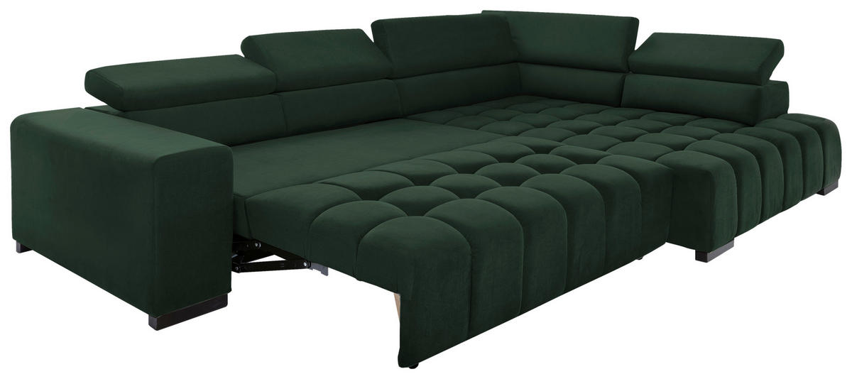 ECKSCHLAFSOFA Grün Velours  - Schwarz/Grün, Design, Holz/Textil (307/201cm) - Livetastic