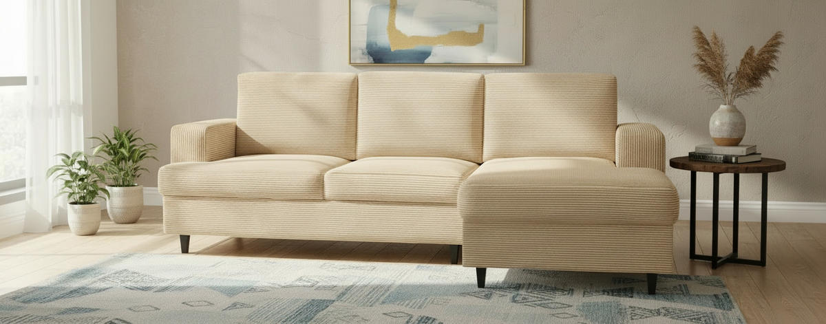 ECKSOFA  in Cord, Velours Hellbraun  247/140 cm  - Hellbraun/Schwarz, Design, Holz/Textil (247/140cm) - MID.YOU