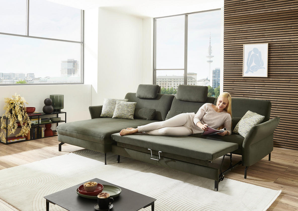ECKSOFA in Velours Olivgrün  - Schwarz/Olivgrün, Design, Textil/Metall (179/306cm) - Beldomo System