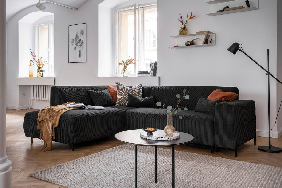 ECKSOFA Dunkelgrau Cord  - Dunkelgrau/Schwarz, Textil/Metall (192/250cm) - MID.YOU