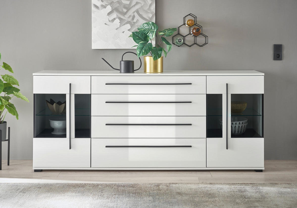 SIDEBOARD  200/86/42 cm 4 Schublade(n)  - Weiß Hochglanz/Schwarz, Design, Glas/Holzwerkstoff (200/86/42cm) - Livetastic