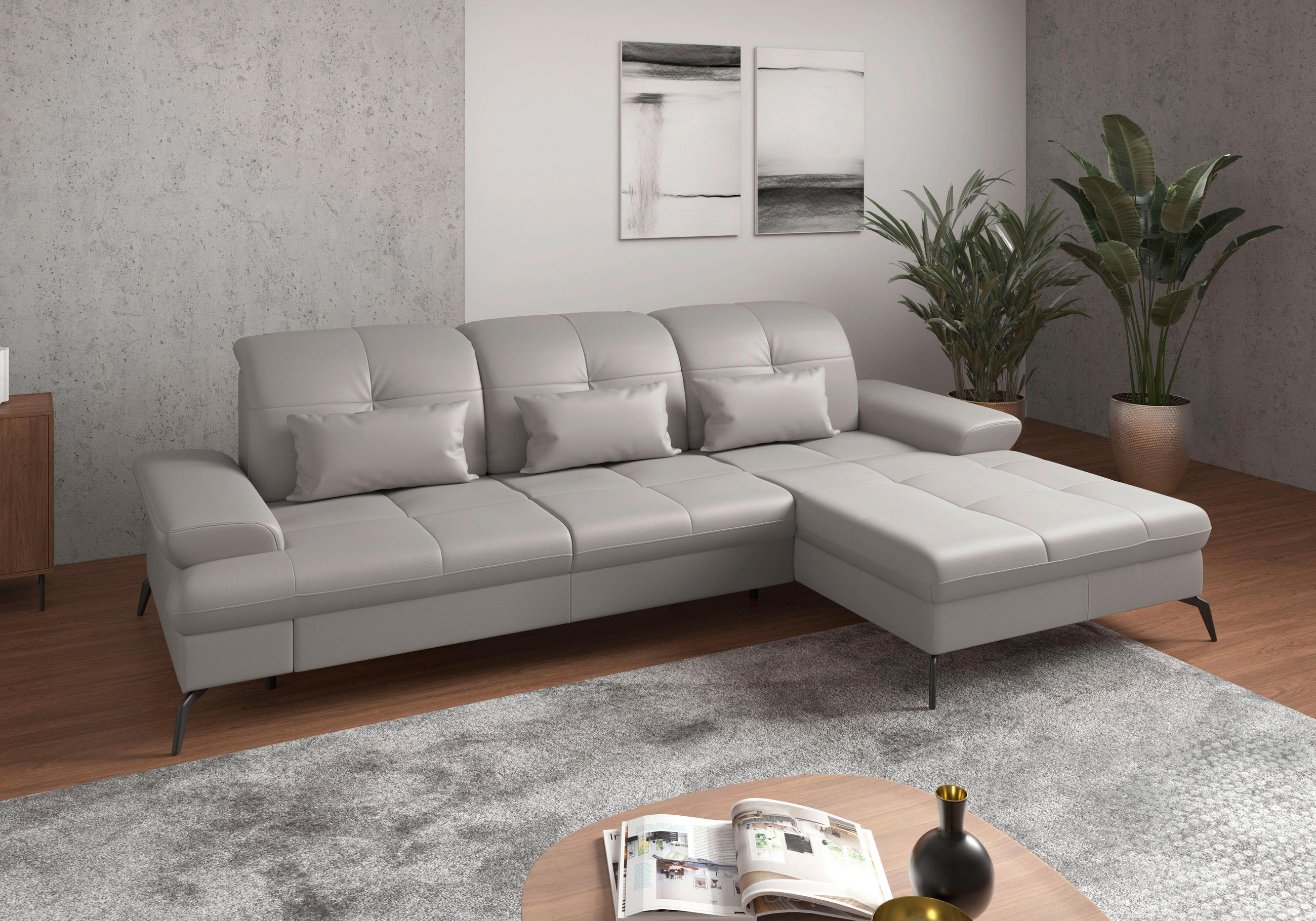 ECKSOFA in Echtleder Hellgrau  279/185 cm  - Hellgrau/Schwarz, KONVENTIONELL, Leder/Metall (279/185cm) - Sit & More