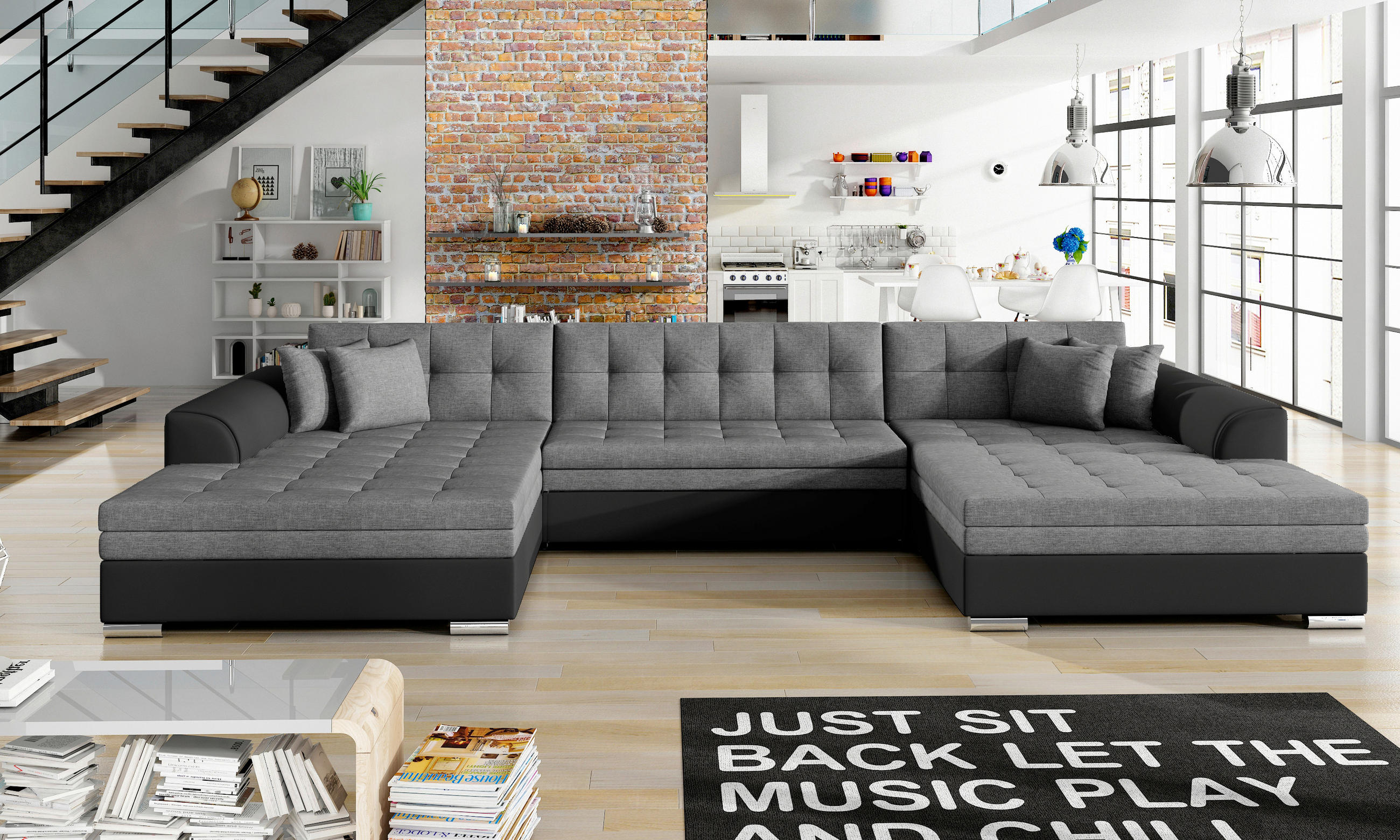 WOHNLANDSCHAFT in Grau, Schwarz  - Chromfarben/Schwarz, Design, Kunststoff (165/359/165cm) - MID.YOU
