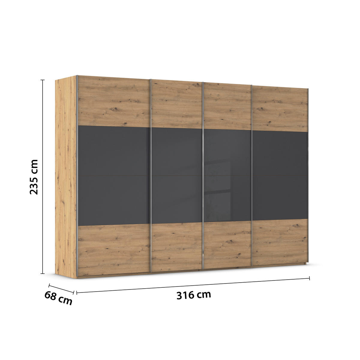 SCHWEBETÜRENSCHRANK 316/235/68 cm 4-türig Schwarz, Eiche Artisan  - Chromfarben/Schwarz, KONVENTIONELL, Glas/Holzwerkstoff (316/235/68cm) - Novel