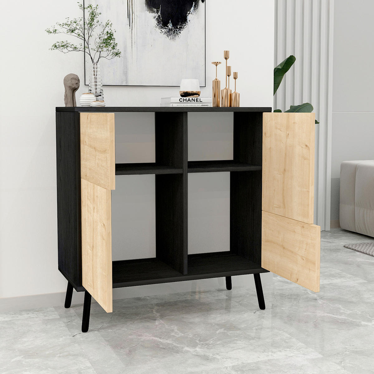 KOMMODE , 35/79/76,5 cm,  - Eichefarben/Schwarz, Design, Holz/Metall (35/79/76,5cm) - Livetastic