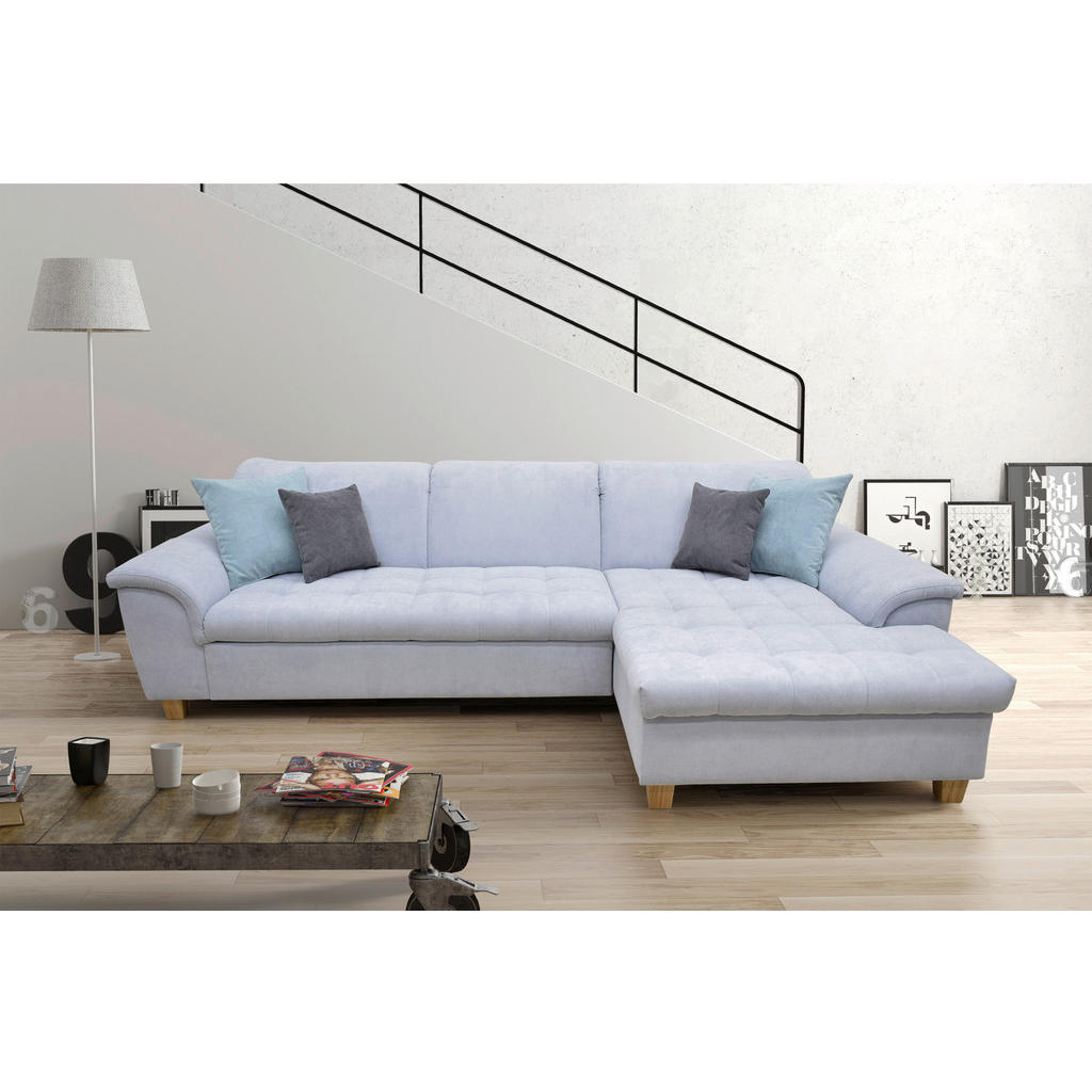 Thumbnail - Mid.you Ecksofa, Pastellblau, Textil, Eiche, Uni, 3-Sitzer, Ottomane rechts, L-Form, 279x170 cm, Made in EU, FSC Mix, Rü...