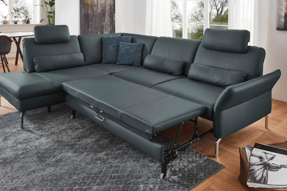 ECKSOFA in Echtleder Blaugrau  - Blaugrau/Alufarben, Konventionell, Leder/Metall (220/284cm) - Beldomo Premium