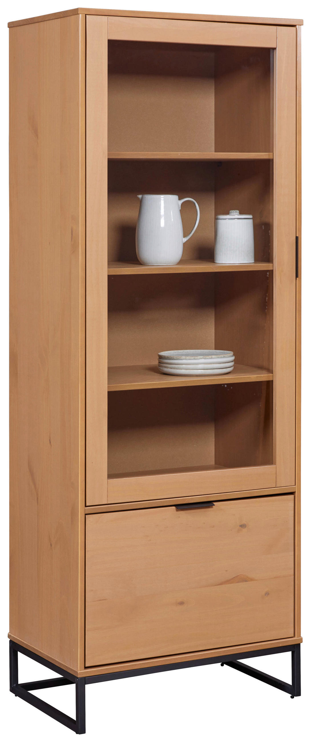 VITRINE in massiv Kiefer Eichefarben  - Eichefarben/Schwarz, Design, Holz/Metall (70/190/45cm) - Livetastic