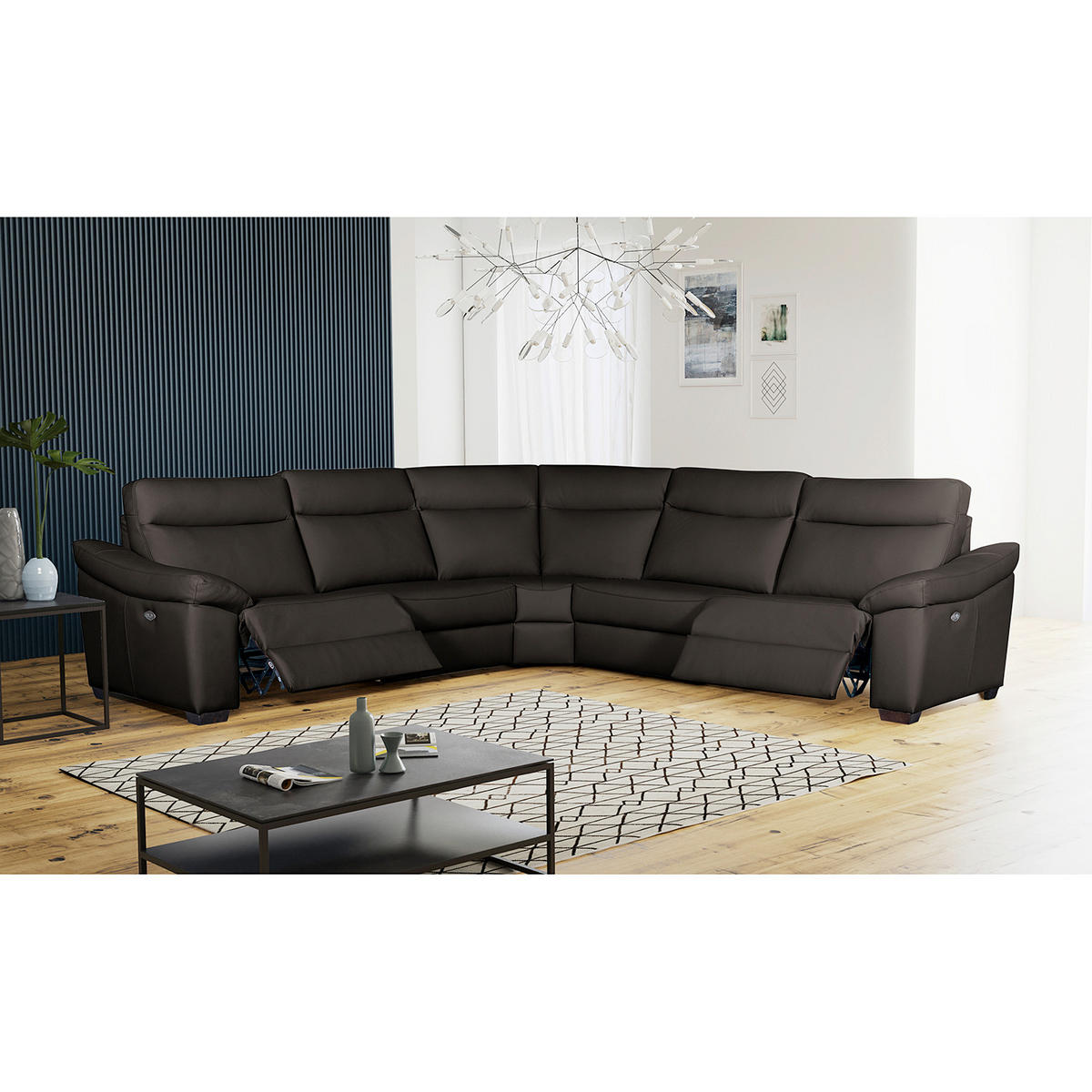 ECKSOFA Braun Echtleder  - Schwarz/Braun, Design, Leder/Holz (299/299cm) - Livetastic