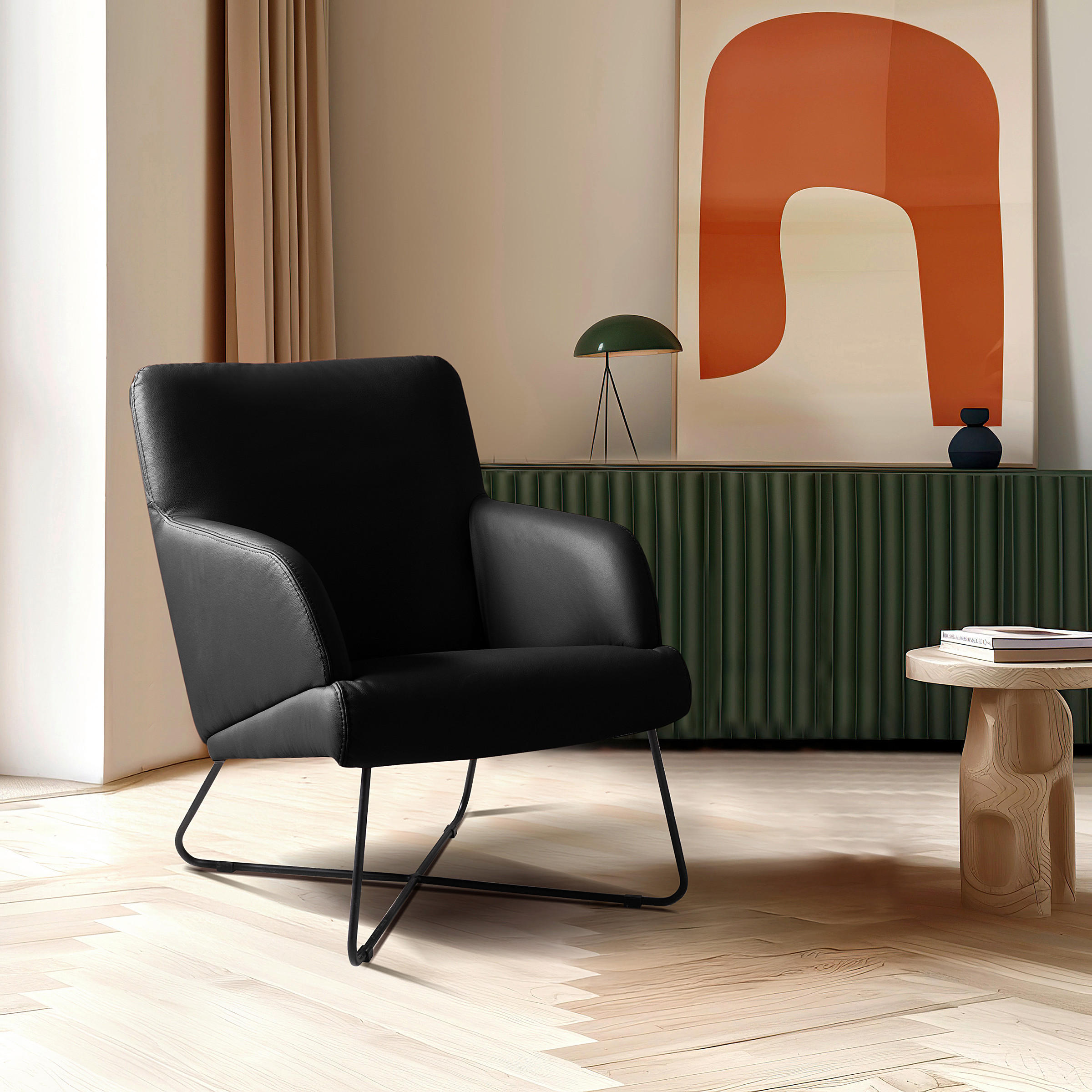 SESSEL in Echtleder Schwarz  - Schwarz, Design, Leder/Metall (67/87/74cm) - Livetastic