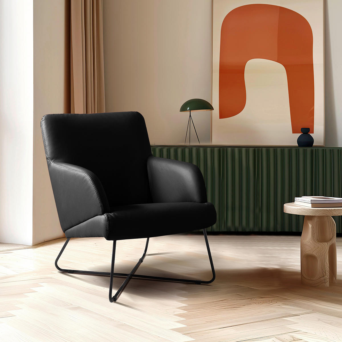 SESSEL in Echtleder Schwarz  - Schwarz, Design, Leder/Metall (67/87/74cm) - Livetastic