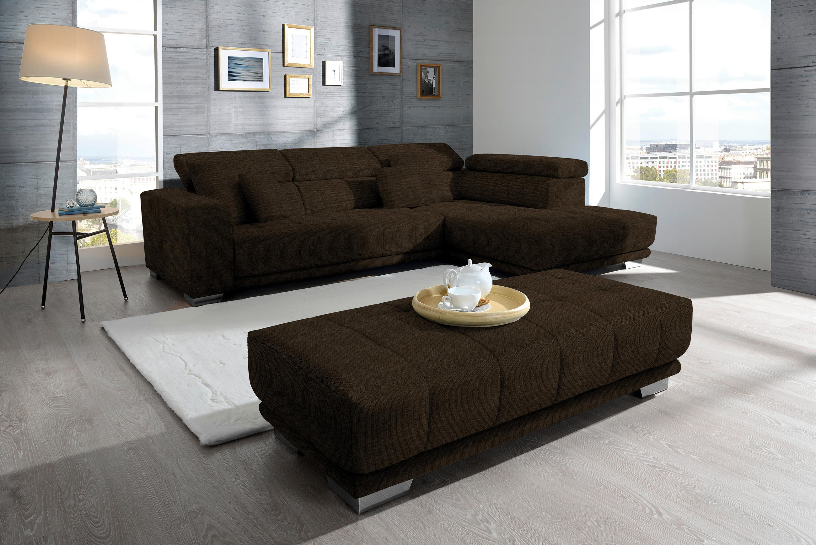 ECKSOFA in Mikrofaser Dunkelbraun  - Chromfarben/Dunkelbraun, Design, Textil/Metall (301/207cm) - Xora