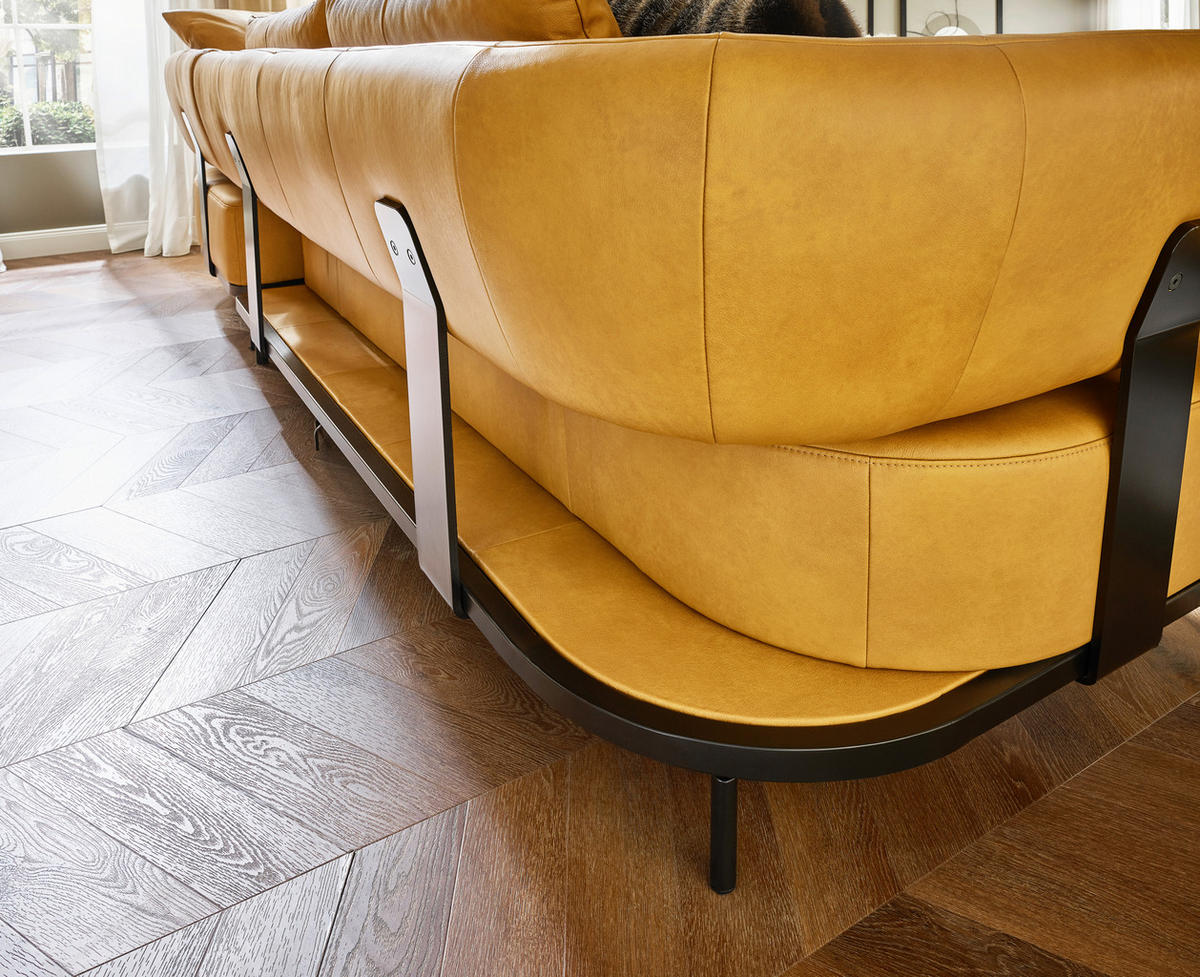 ECKSOFA in Echtleder Dunkelgelb  - Dunkelgelb/Schwarz, Design, Leder/Metall (302/237cm) - Dieter Knoll