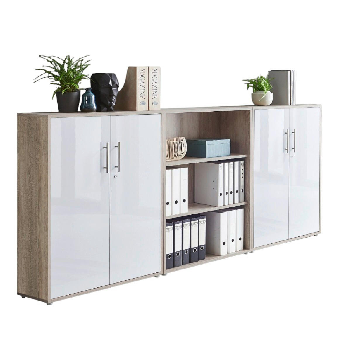 AKTENSCHRANK Sonoma Eiche, Weiß Hochglanz  - Weiß Hochglanz/Sonoma Eiche, MODERN, Holzwerkstoff (253,2/113,6/33cm) - MID.YOU
