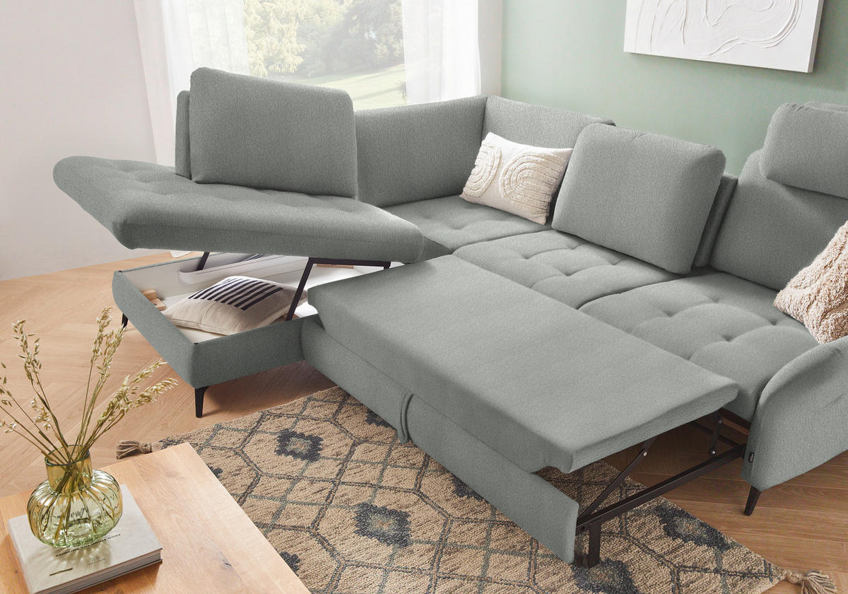 ECKSOFA in Struktur Hellgrau  - Hellgrau/Schwarz, Natur, Textil/Metall (233/288cm) - Valnatura