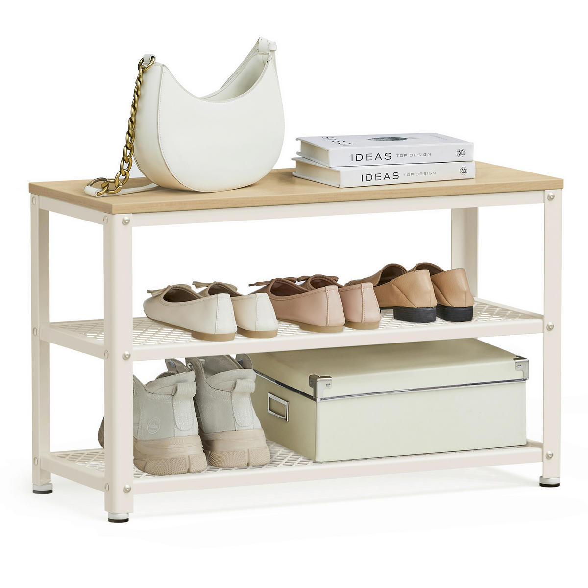 SCHUHBANK Weiß, Eichefarben  - Eichefarben/Schwarz, Trend, Kunststoff/Metall (73/45/30cm) - Boxxx