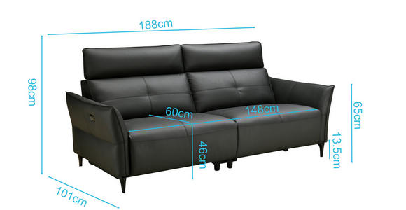 2-SITZER-SOFA  in Echtleder Schwarz   - Schwarz, Design, Leder/Metall (191/98/101cm) - Novel
