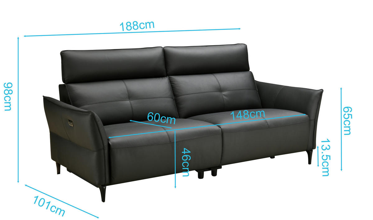 2-SITZER-SOFA Schwarz Echtleder  - Schwarz, Design, Leder/Metall (191/98/101cm) - Novel