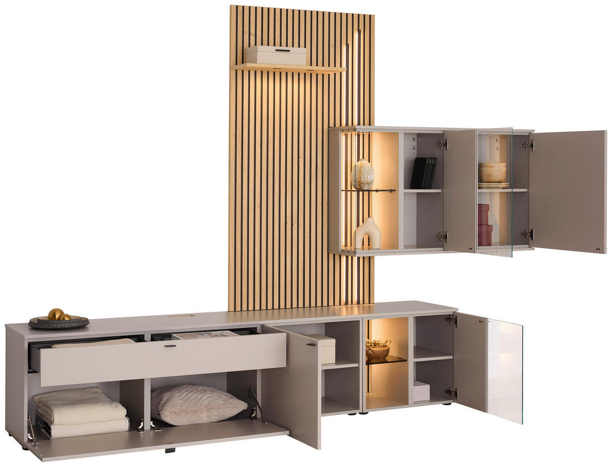 WOHNWAND  Eichefarben, Seidengrau 300/224/43 cm  - Eichefarben/Seidengrau, Design, Glas/Holz (300/224/43cm) - Venjakob