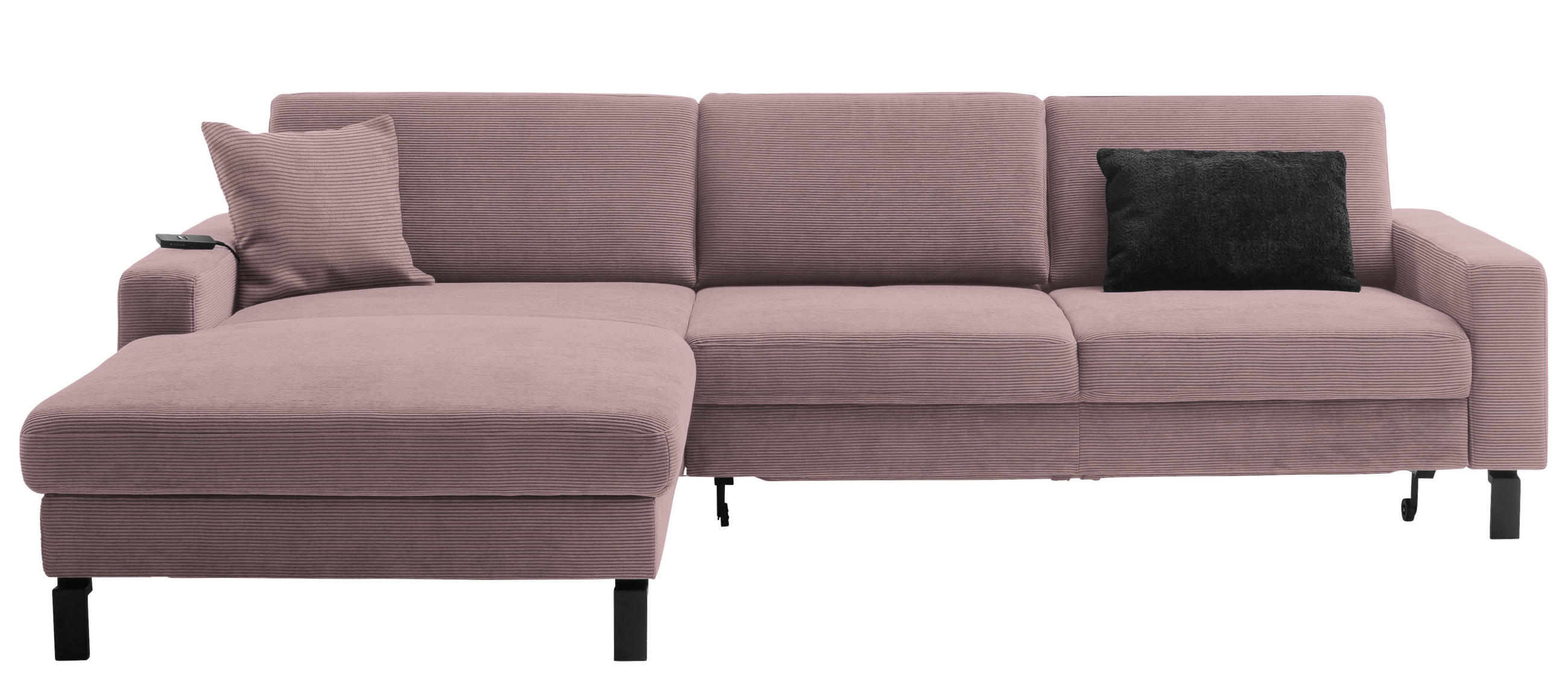 ECKSOFA  in Cord Altrosa Rücken echt, Sitztiefenverstellung  185/298 cm  - Schwarz/Altrosa, Design, Textil/Metall (185/298cm) - Pure Home Lifestyle