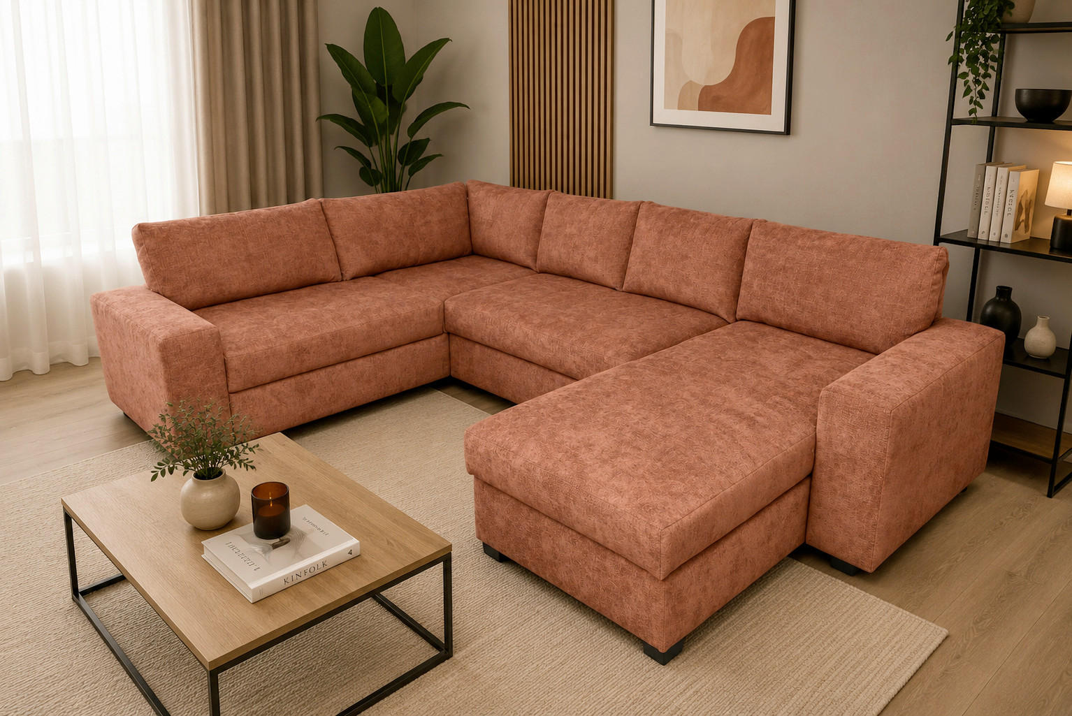 WOHNLANDSCHAFT VALERI Koralle Chenille  - Koralle/Schwarz, Design, Kunststoff/Textil (208/305/157cm) - MID.YOU