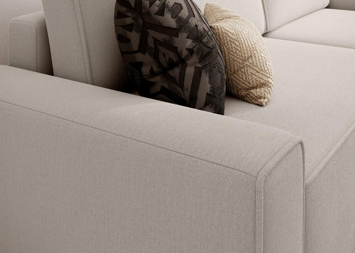 ECKSCHLAFSOFA CHALLANGE  mit Schlafen auf Sitzhöhe, Rücken echt, Armteil links, Armteil rechts Struktur Taupe  - Taupe/Schwarz, MODERN, Kunststoff/Textil (246/168cm) - Trendmanufaktur