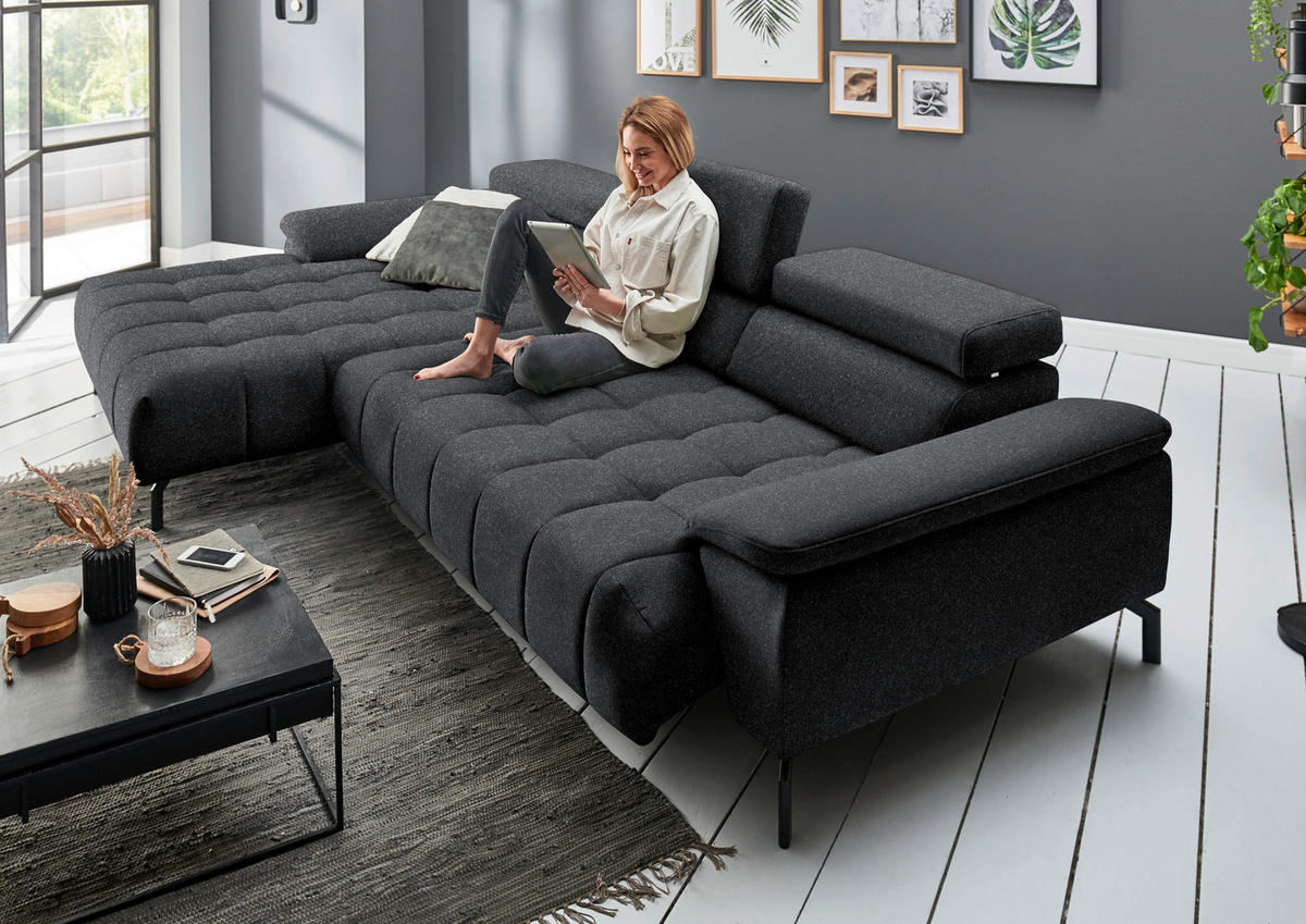 ECKSOFA in Chenille Anthrazit  - Anthrazit/Schwarz, Design, Textil/Metall (190/329cm) - Beldomo Style