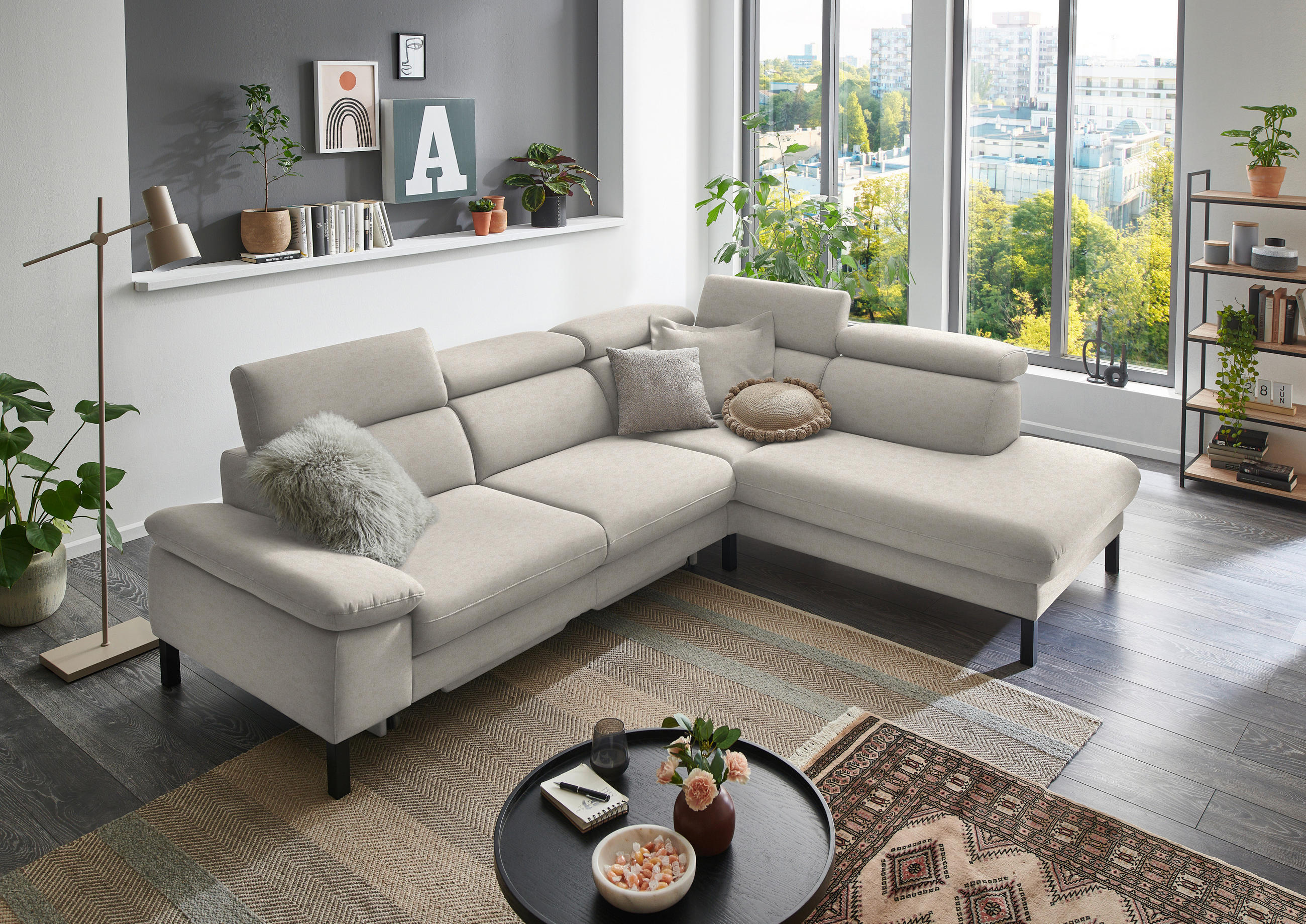 ECKSOFA in Flachgewebe Beige  - Beige/Schwarz, Design, Holzwerkstoff/Textil (272/217cm) - Pure Home Comfort