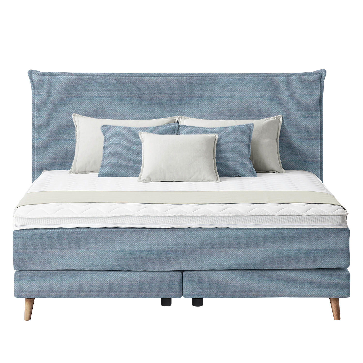 Thumbnail - home24 Boxspringbett, Blau, Textil, H2, 7-Zonen, Höhe ca. 21 cm, 140x200 cm, gepolstertes Kopfteil, Topper durchgehend, ...