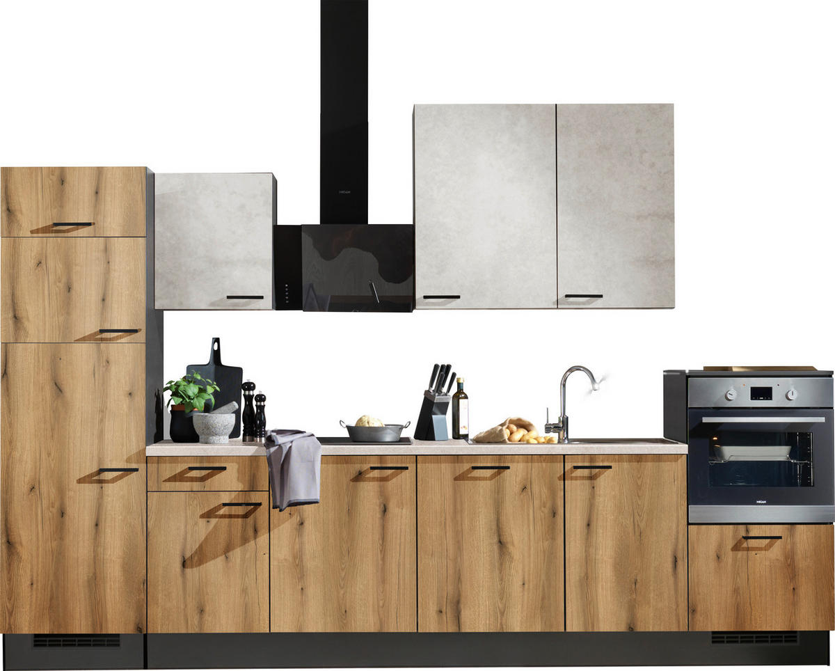 KÜCHENLEERBLOCK 340 cm   in Grau, Weiß, Eichefarben  - Eichefarben/Schwarz, Design, Holzwerkstoff/Metall (340cm) - Xora