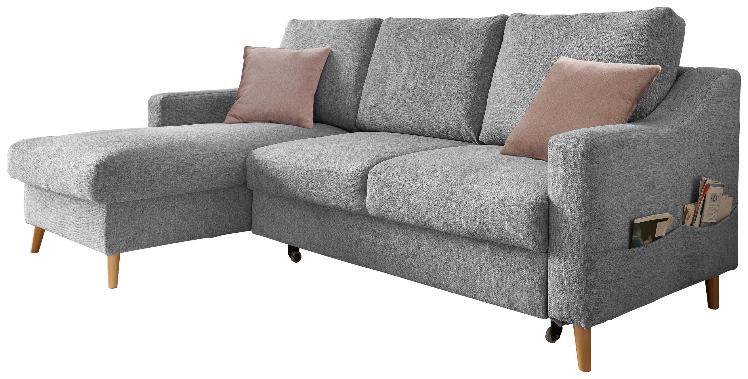 ECKSOFA in Mikrofaser Grau  - Dunkelrosa/Naturfarben, Design, Holz/Textil (150/228cm) - MID.YOU
