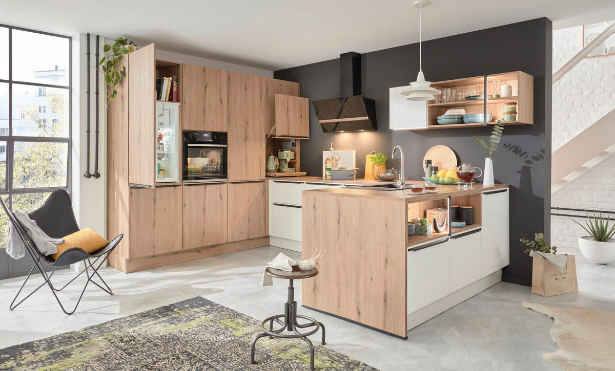 EINBAUKÜCHE DK309  - Eichefarben/Weiß, Design, Holzwerkstoff - Dieter Knoll