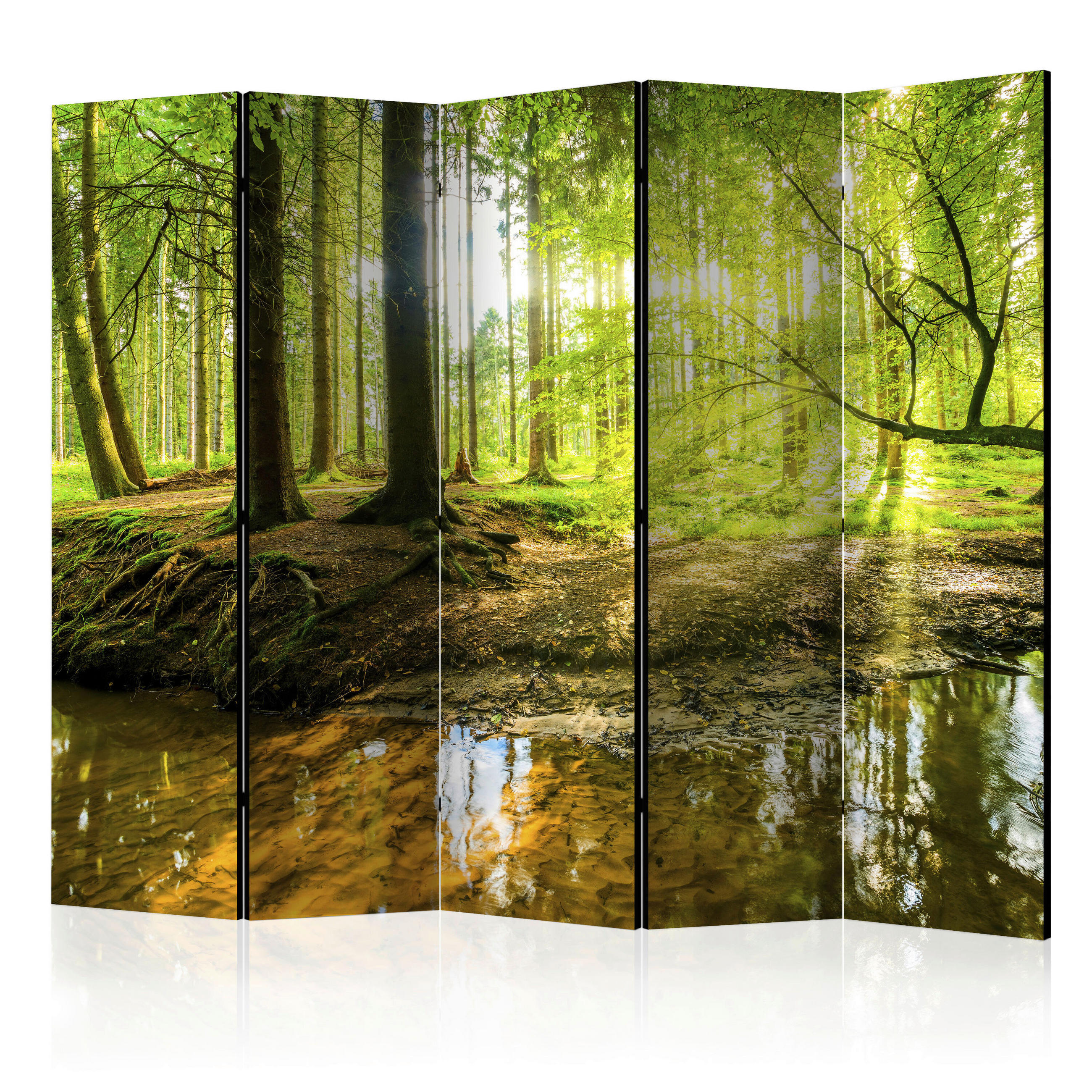 PARAVENT mit 5  Flügel - Braun/Grün, Basics, Holz/Textil (225/172/3cm) - artgeist