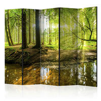 PARAVENT mit 5  Flügel - Braun/Grün, Basics, Holz/Textil (225/172/3cm) - artgeist