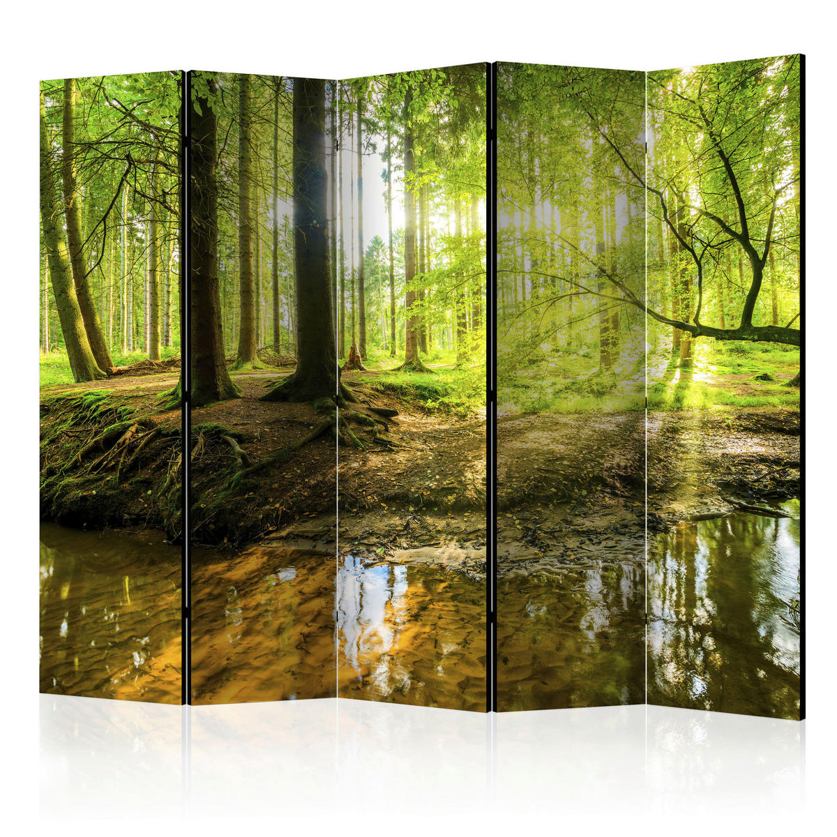 PARAVENT mit 5  Flügel - Braun/Grün, Basics, Holz/Textil (225/172/3cm) - artgeist