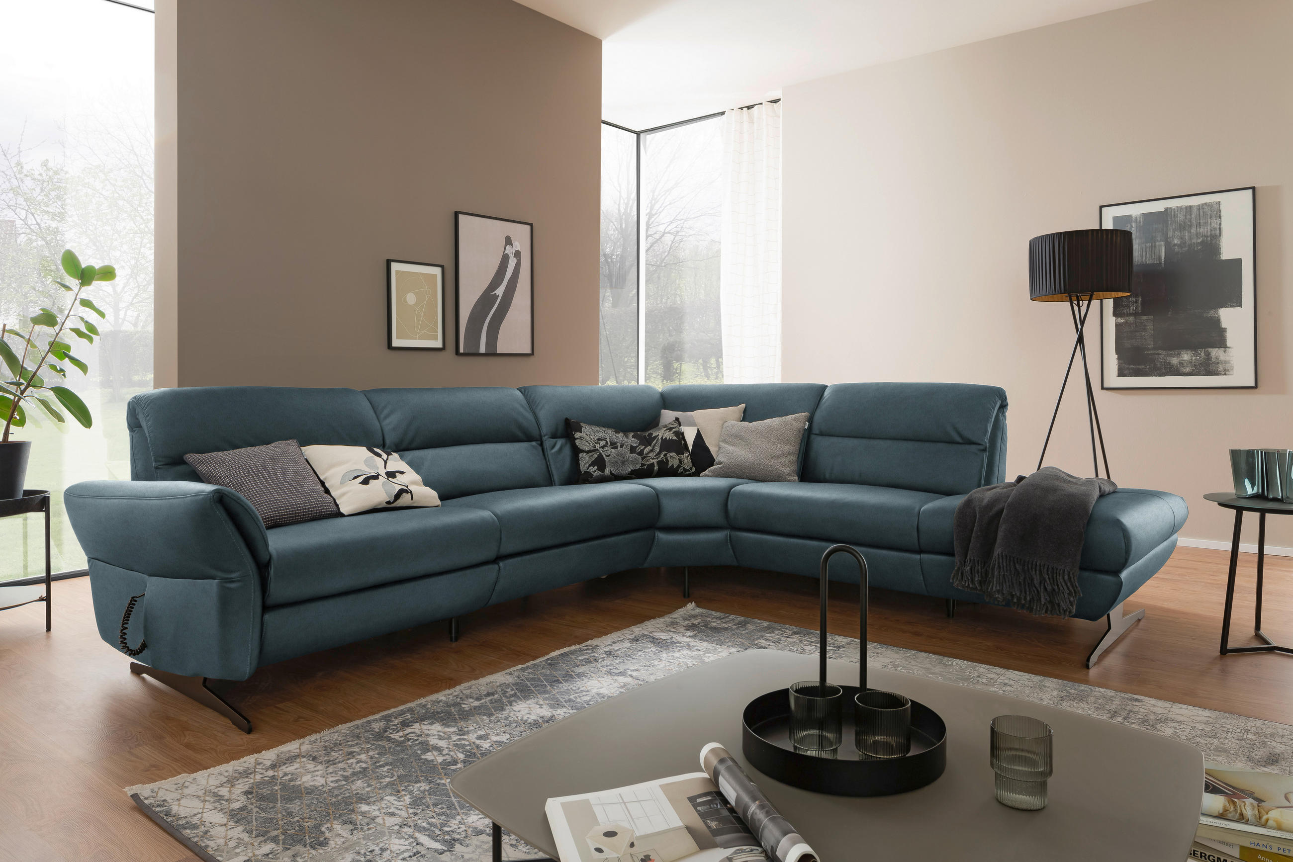 ECKSOFA in Echtleder Blaugrau  286/258 cm  - Blaugrau/Schwarz, Design, Leder/Metall (286/258cm) - Schöner Wohnen