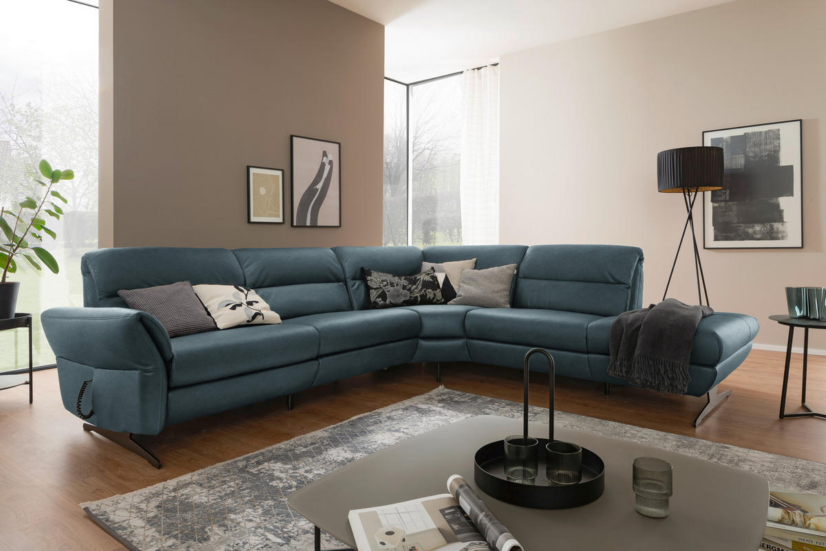 ECKSOFA Blaugrau Echtleder  - Blaugrau/Schwarz, Design, Leder/Metall (286/258cm) - Schöner Wohnen