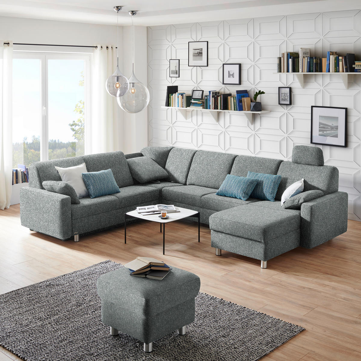 WOHNLANDSCHAFT  in Mikrovelours Graugrün  - Alufarben/Graugrün, KONVENTIONELL, Kunststoff/Textil (236/322/158cm) - Sedda