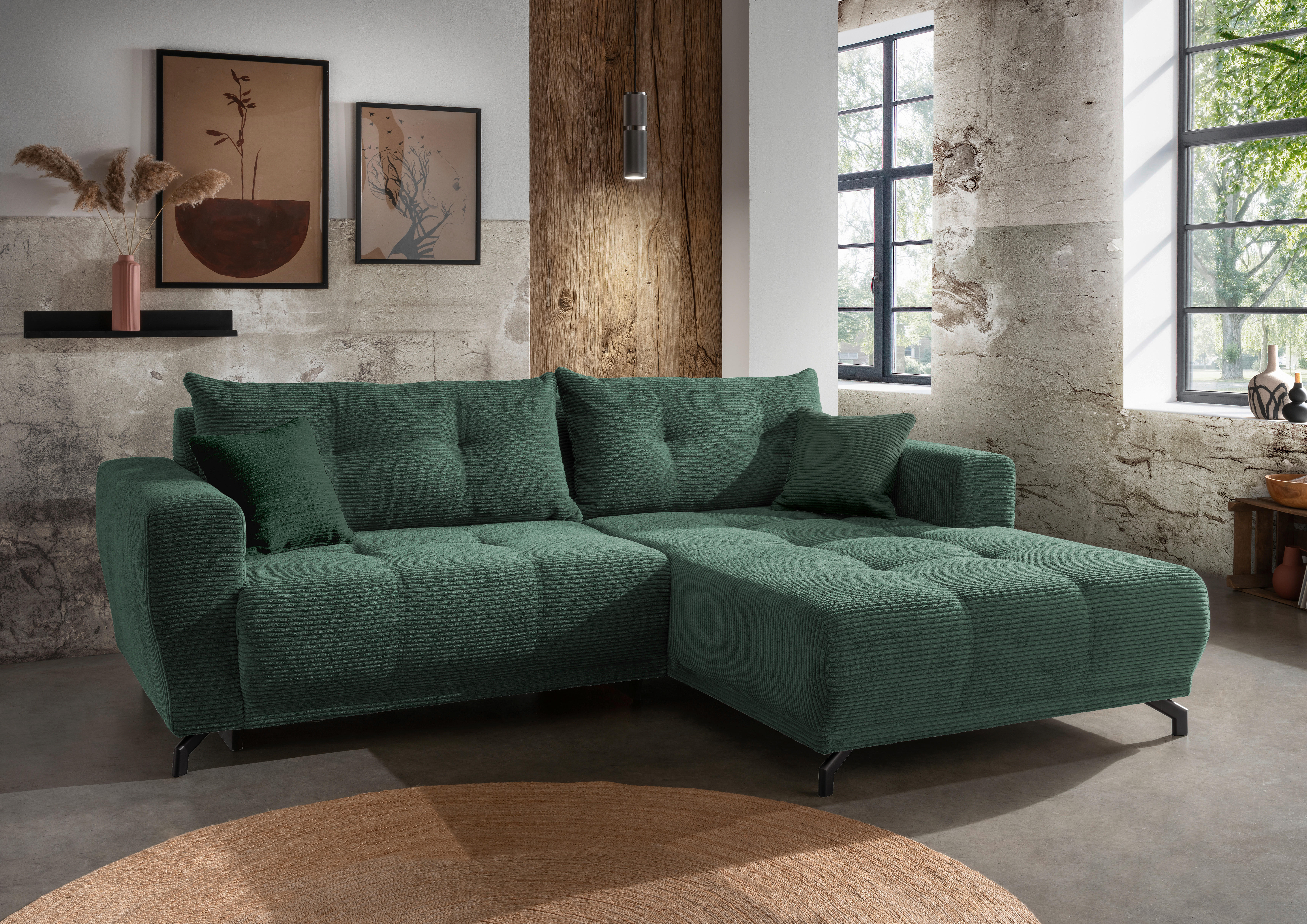 ECKSOFA in Cord Dunkelgrün  - Dunkelgrün/Schwarz, Modern, Holz/Textil (246/177cm) - MID.YOU