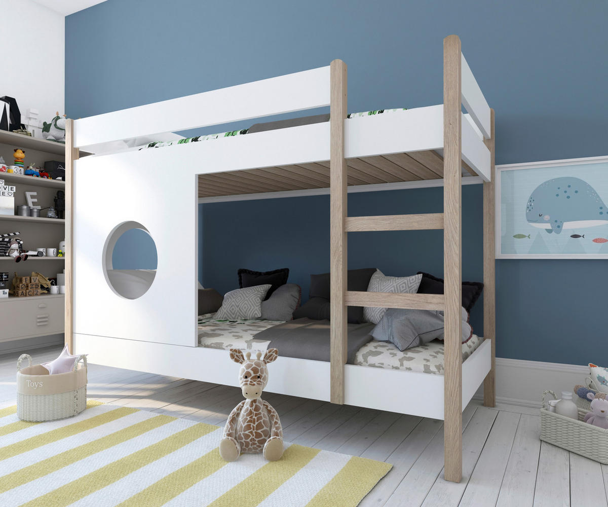 ETAGENBETT 90/200 cm,  in Naturfarben, Weiß, Leiter, Lattenrost  - Naturfarben/Weiß, Design, Holz/Holzwerkstoff (90/200cm) - Livetastic