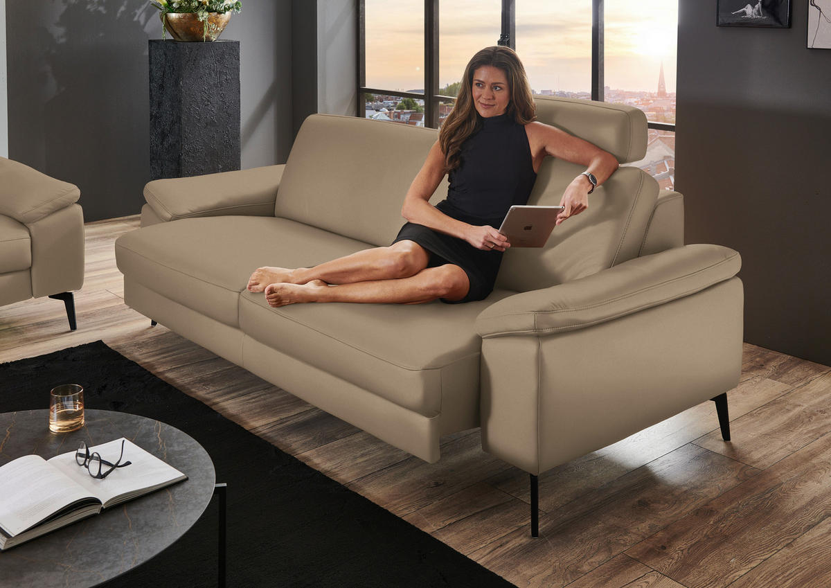 3-SITZER-SOFA in Leder Beige  - Beige/Schwarz, Design, Leder/Metall (224/88/100cm) - Valdera