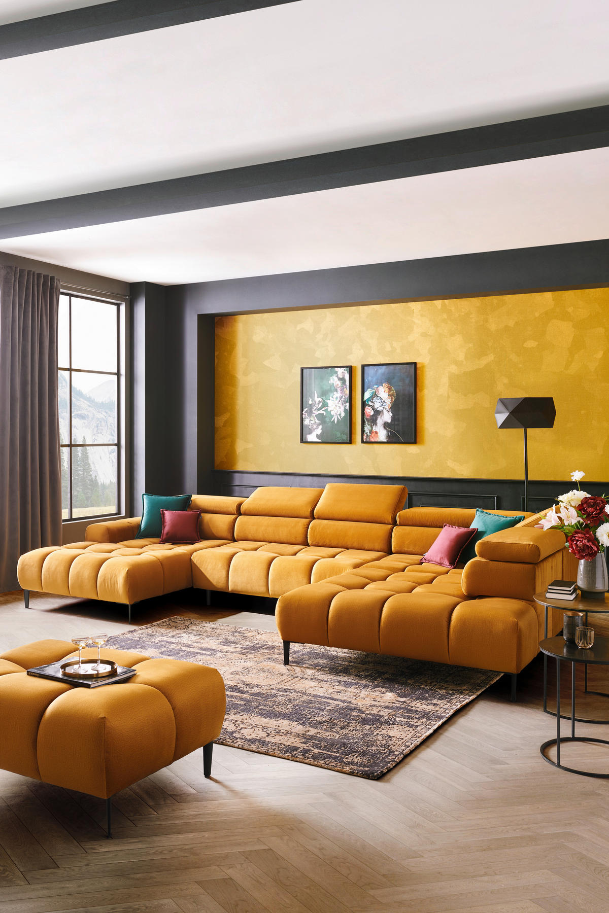 ECKSOFA in Webstoff Currygelb   - Currygelb/Schwarz, Design, Textil/Metall (177/385/216cm) - Welnova
