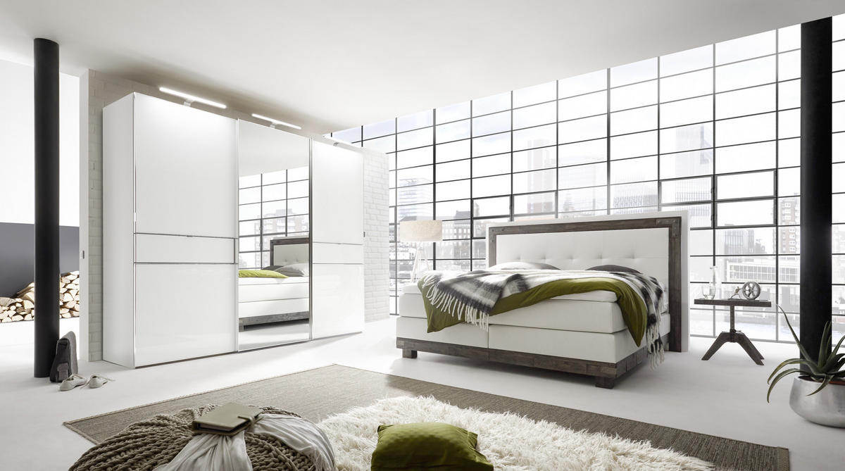 BOXSPRINGBETT 160/200 cm  in Weiß, Akaziefarben  - Weiß/Akaziefarben, KONVENTIONELL, Holz/Textil (160/200cm) - Hasena