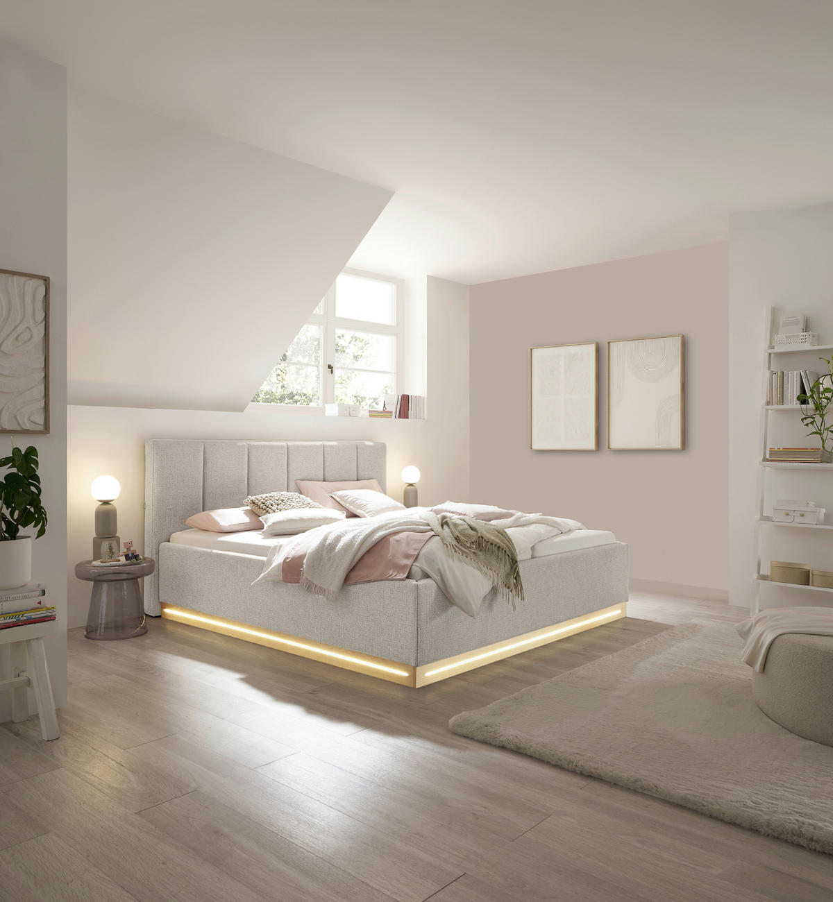 POLSTERBETT 180/200 cm,  in Beige, Beleuchtung, Bettkasten, Lattenroste,  - Eichefarben/Beige, KONVENTIONELL, Holz/Holzwerkstoff (180/200cm) - SetOne by Musterring