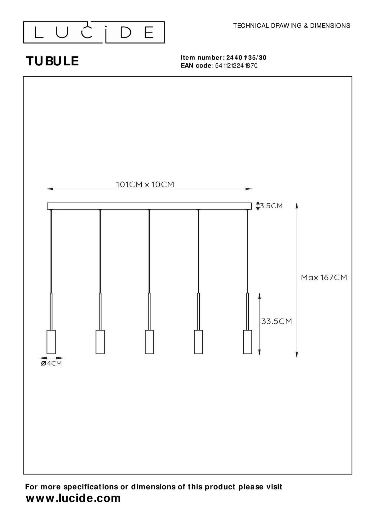 HÄNGELEUCHTE Tubule 101/10/167 cm   - Schwarz, Design, Metall (101/10/167cm) - Lucide