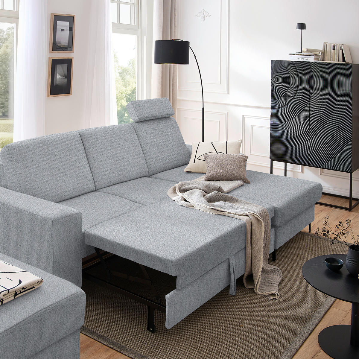 ECKSOFA in Webstoff Hellgrau  - Hellgrau/Schwarz, Konventionell, Textil/Metall (247/167cm) - Stylife