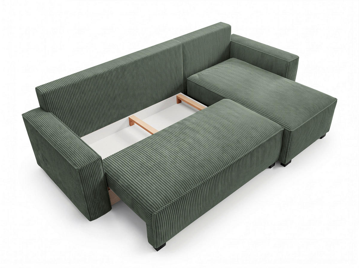 ECKSOFA Dunkelgrün Cord Rückenkissen, Bettkasten, Schlaffunktion, Rücken echt, Liegefläche im Originalstoff  - Dunkelgrün/Schwarz, MODERN, Kunststoff/Textil (232/140cm) - Xora