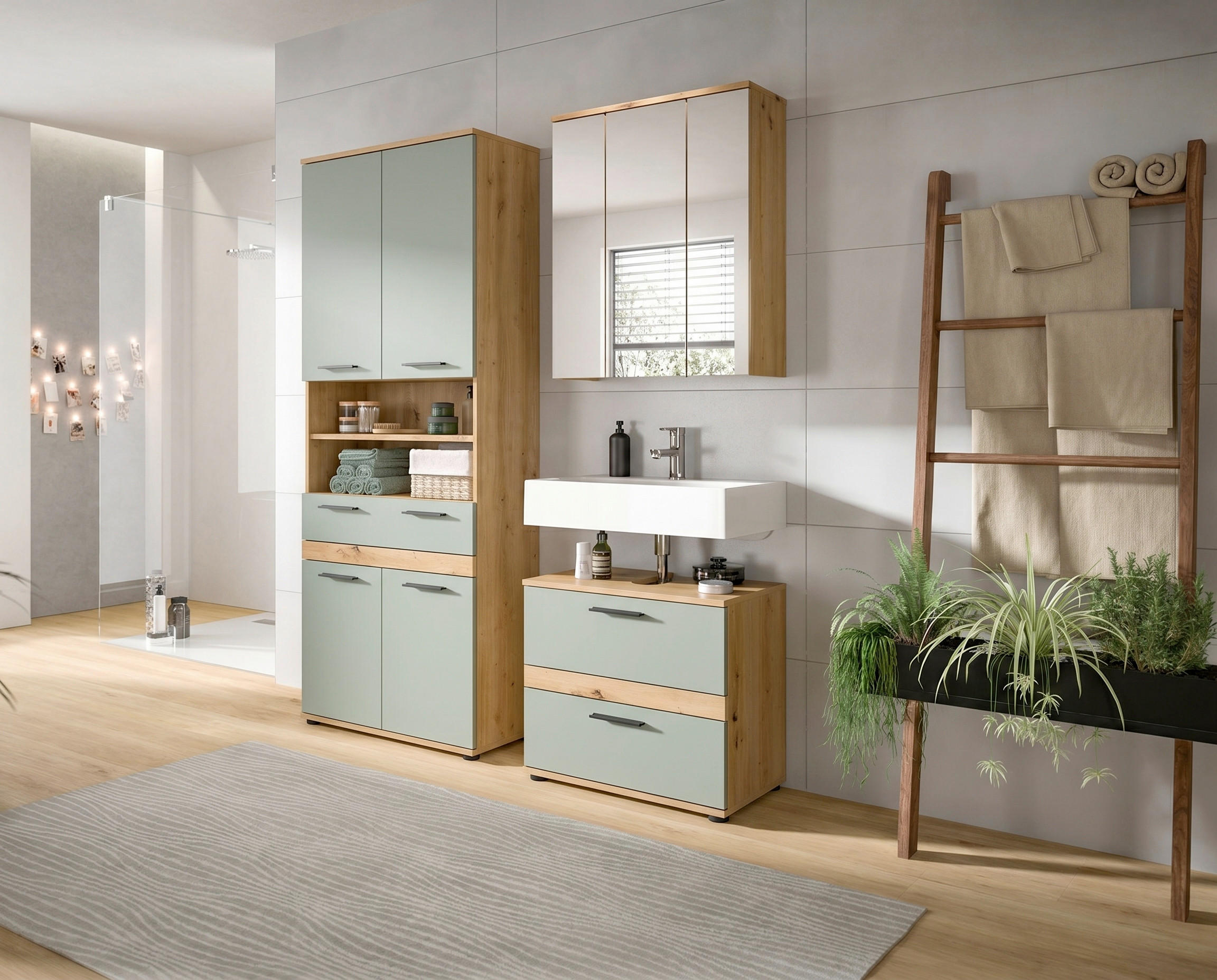 BADEZIMMER 3-teilig  in 145 cm  - Salbeigrün/Schwarz, Trend, Glas/Holzwerkstoff (145cm) - MID.YOU